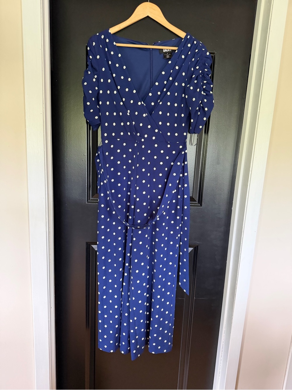 Dkny Blue and White Polka Dot Wrap Jumpsuit